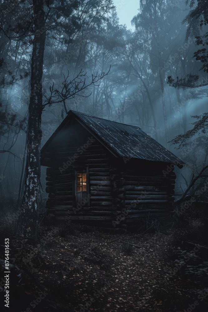 Sticker A cabin surrounded by trees at night