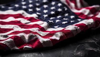 The image captures a close-up view of the American flag, which is composed of vibrant red and white stripes against a backdrop of blue and white stars The flag appears slightly crumpled with visible