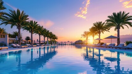 Obraz premium A pool with palm trees in the background and a sunset in the distance. The pool is surrounded by lounge chairs and umbrellas