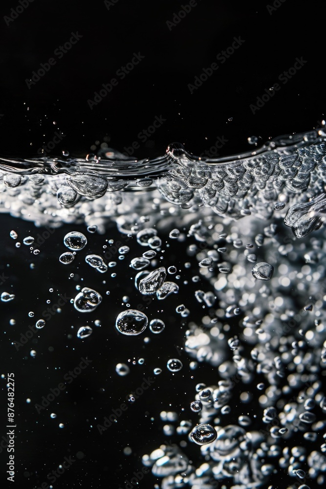 Poster close-up of water bubbles on a black background, ideal for use in science or technology contexts