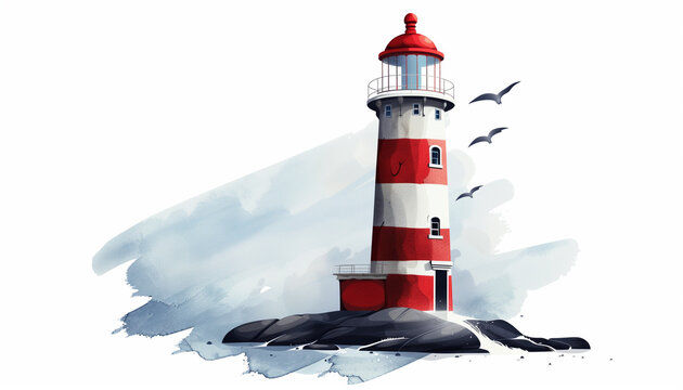 Watercolor painting of a red and white lighthouse on a rocky shore with seagulls flying, against a white background