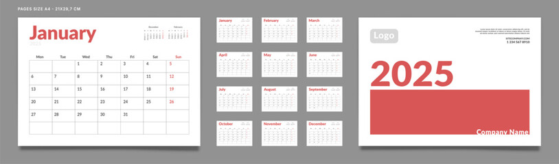 Set of 2025 Calendar Planner Template Pages Monthly, Cover with Place for Photo and Company Logo. Vector layout of a wall or desk calendar with week start Monday for printing. Page size A4-21x29.7cm