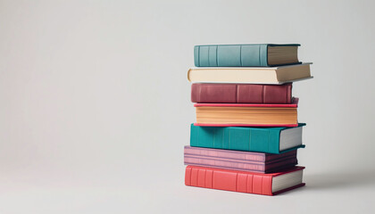 Tall stack of books with mixed colors including blue, red, green, and yellow against a plain white background