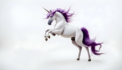 Obraz premium A white unicorn with long, flowing purple mane and horn against a plain white background, Transfer color, Transfer lighting