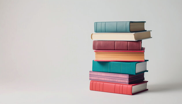 Tall stack of books with mixed colors including blue, red, green, and yellow against a plain white background