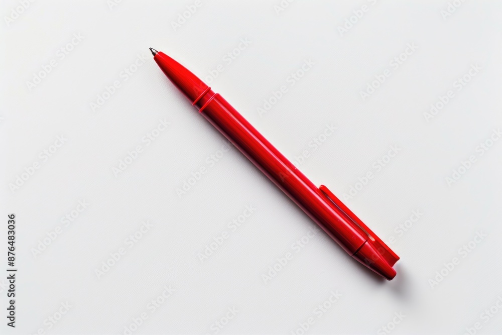 Poster a single red pen resting on a white surface