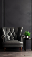 Black leather armchair and plant in dark room, luxury and elegance concept