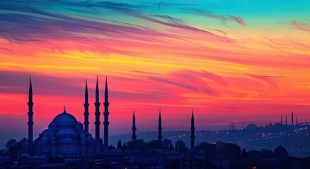 Naklejka premium Silhouette of a Mosque Against a Vibrant Sunset