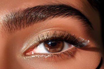 Obraz premium Close up of dark brown eye with eyeliner, false lashes, eyeshadow on tan skin in studio lighting