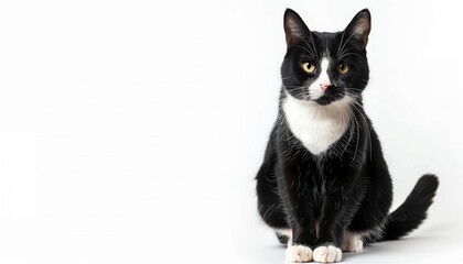 Black and white cat sitting on white background cute and curious pet perfect for animal enthusiasts