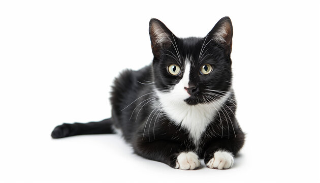 Black and white cat lying down on white background adorable and calm pet perfect for animal lovers