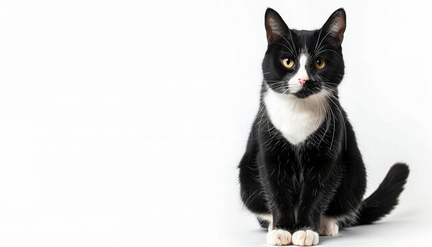 Black and white cat sitting on white background cute and curious pet perfect for animal enthusiasts