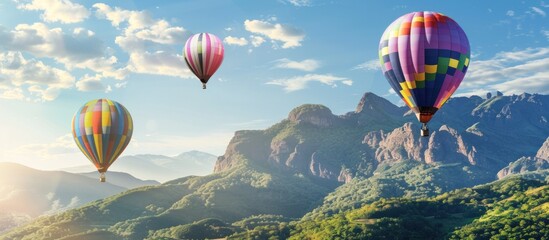 Obraz premium Colorful hot air balloons flying over the mountain.