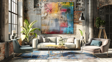 Bright abstract painting in a modern industrial living room with white sofa, blue armchair and green plants