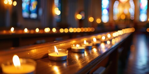 Candles lit in a church with warm glowing light and blurred background. Spiritual, serene, peaceful concept.