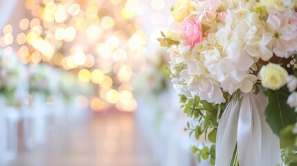 Close-up of floral arrangements with white and pink flowers, bokeh lights in the background. Ideal for romantic, elegant wedding concepts.