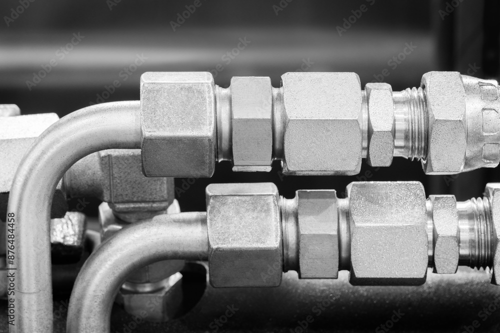 Poster A series of pipes are shown in a close up. The pipes are silver and appear to be connected to a larger system. Concept of complexity and organization