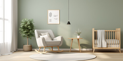 Soft sage green rocking chair and natural textures in a cozy baby nursery with a mid century modern vibe