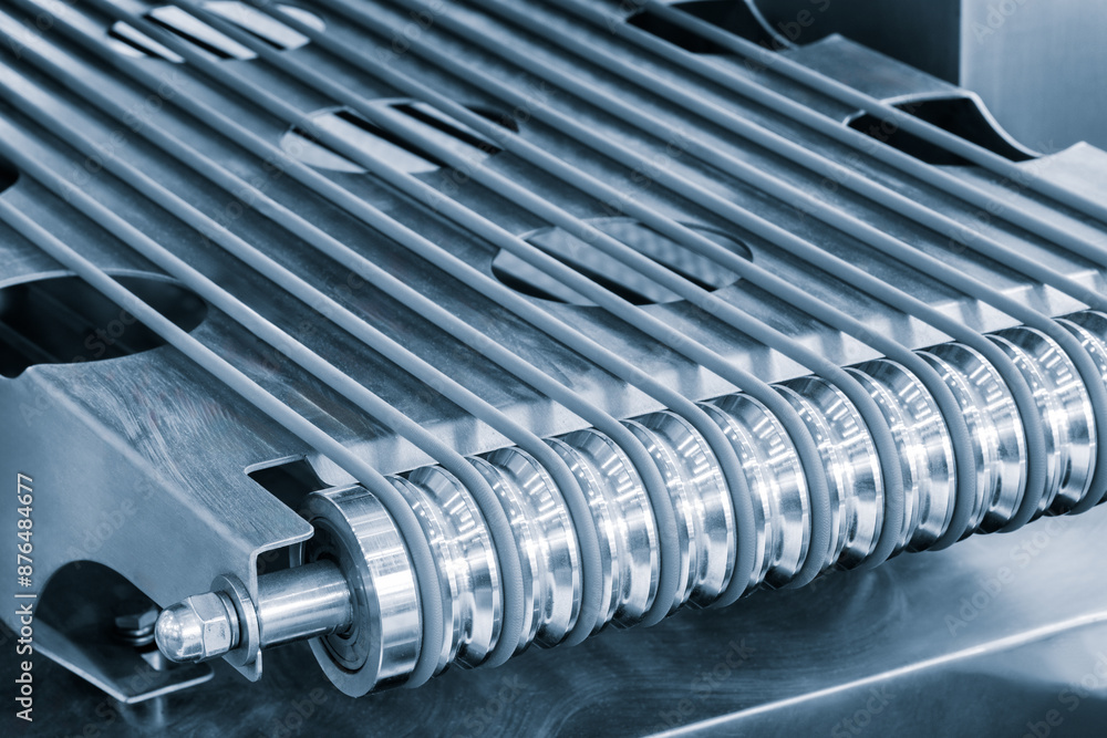 Poster a conveyor belt with a series of metal tubes on it. the tubes are silver and are arranged in a row