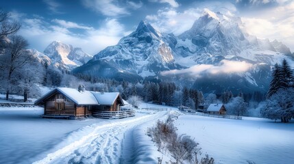 Fototapeta premium A snowy mountain range with a small village in the foreground. The village is surrounded by snow and has a cozy, rustic feel. The mountains in the background create a sense of awe and wonder
