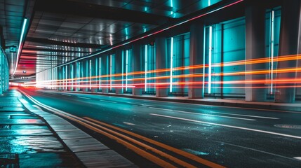 Obraz premium A futuristic tunnel with streaks of red and blue light, showcasing speed and motion in a sleek, modern urban setting.