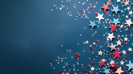 Red, white, and blue stars scattered on a dark blue textured background. Patriotic, celebration concept.
