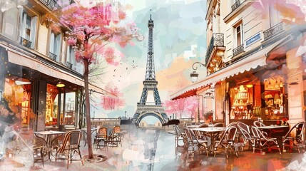 A painting of a city street with a view of the Eiffel Tower. The painting is in watercolor and has a romantic and nostalgic mood