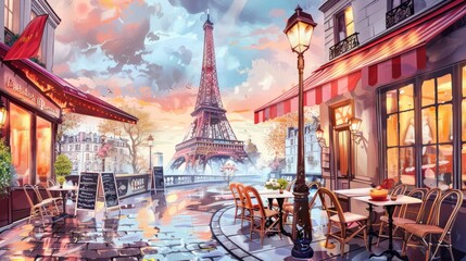 A painting of a city street with a view of the Eiffel Tower. The painting is in watercolor and has a romantic and nostalgic mood