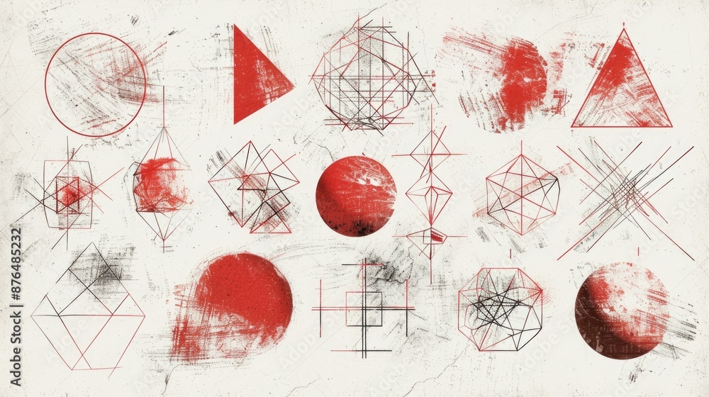 Poster a collection of unique geometric shapes drawn on a piece of paper, suitable for use in educational m