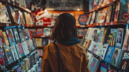 Fototapeta premium National Comic Book Day in the USA. people read comics. people choose comic book magazines in the store. A girl reads comics