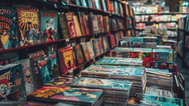 counters with comic books in the store. National Comic Book Day in the USA. people read comics. people choose comic book magazines in the store.