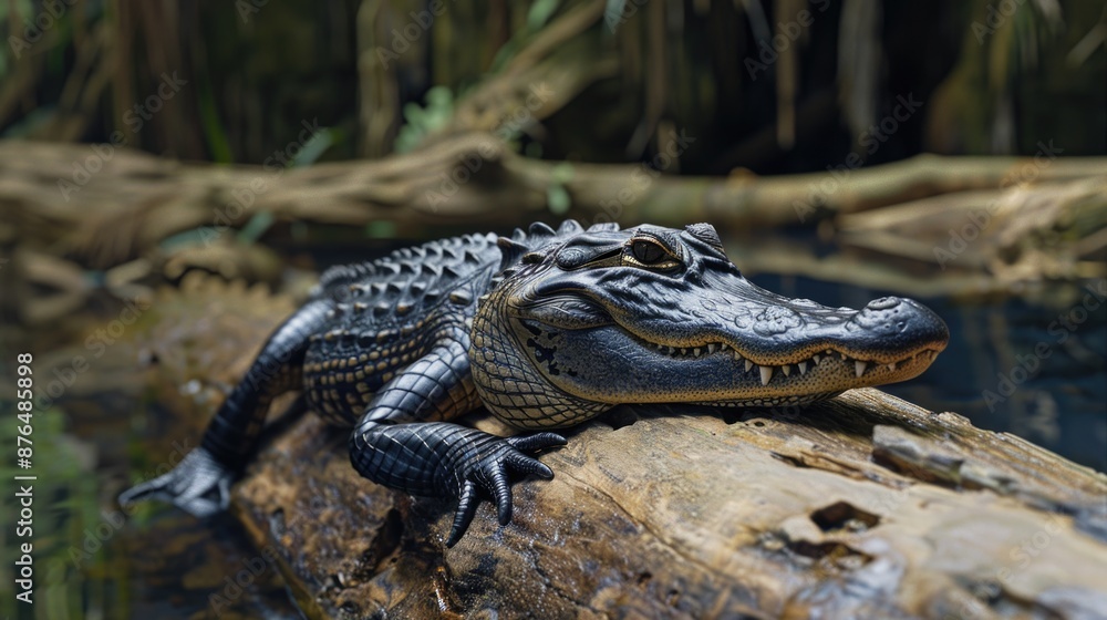 Poster A large alligator sitting on top of a log in a swamp or wetland environment