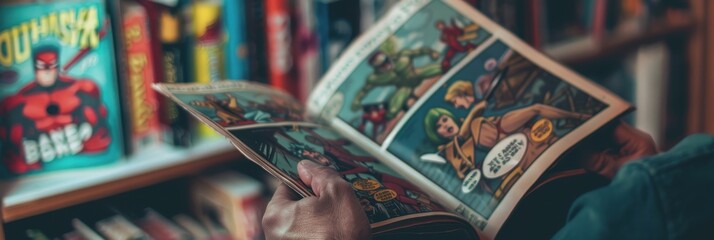 counters with comic books in the store. National Comic Book Day in the USA. people read comics. people choose comic book magazines in the store.