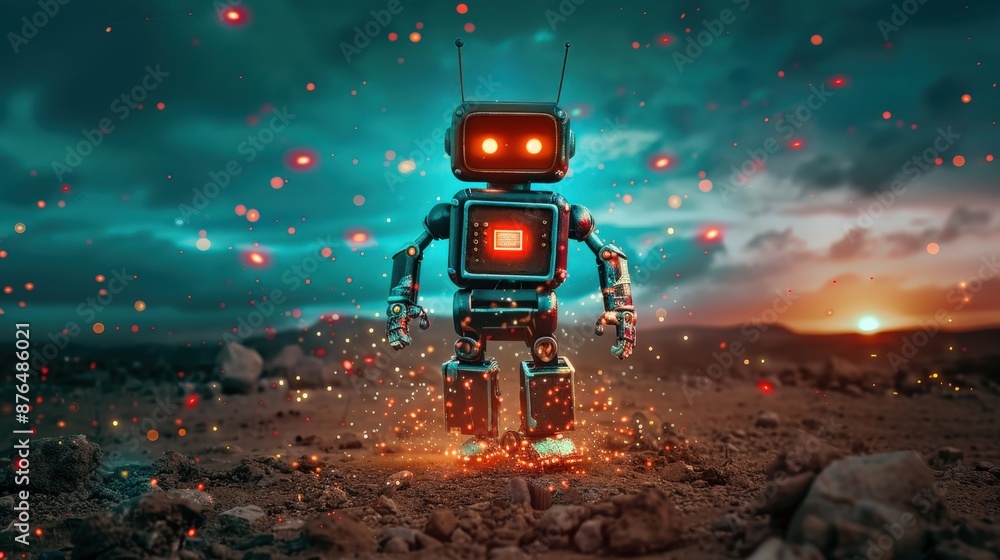 Poster a robot is standing in a field of rocks and grass. the robot is old and rusty, and it has red eyes. 