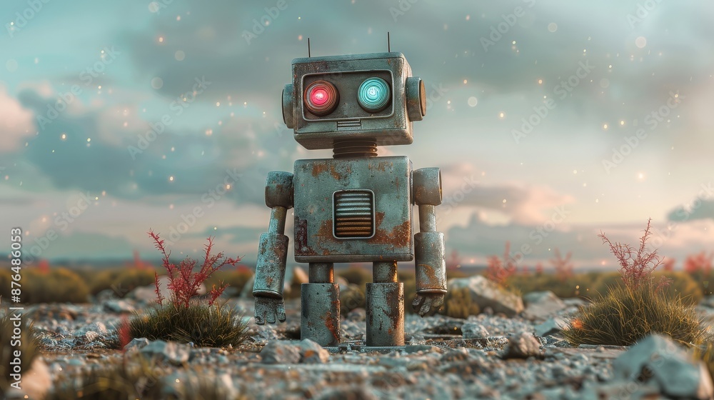 Poster a robot is standing in a field of rocks and grass. the robot is old and rusty, and it has red eyes. 