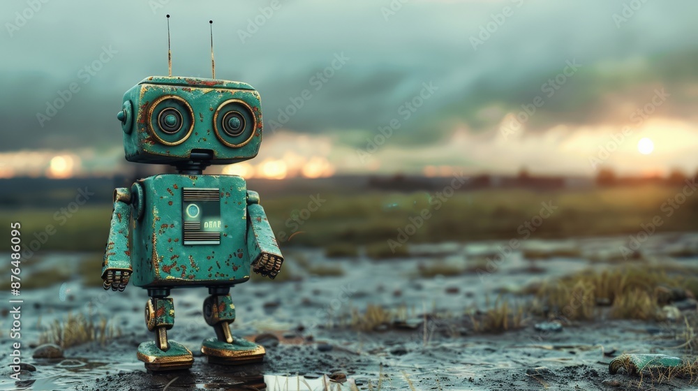 Poster a robot is standing in a field of rocks and grass. the robot is old and rusty, and it has red eyes. 