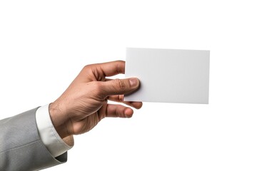 A person holding a blank business card on a white background, ready for information to be added