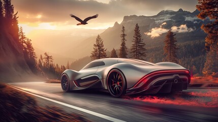 Obraz premium Futuristic silver sports car driving on a mountain road at sunset with an eagle soaring above, showcasing sleek design and dynamic motion in a forest landscape
