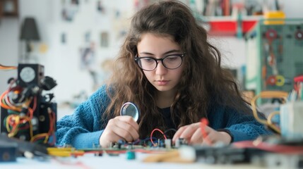 Teenage girl with glasses repairing an electronic device at a table with tools and circuit board, focused and working meticulously in a home workshop