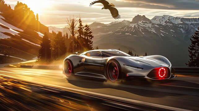 Futuristic silver sports car racing on a mountain road at sunset with an eagle soaring above, creating a dynamic and high-speed motion effect
