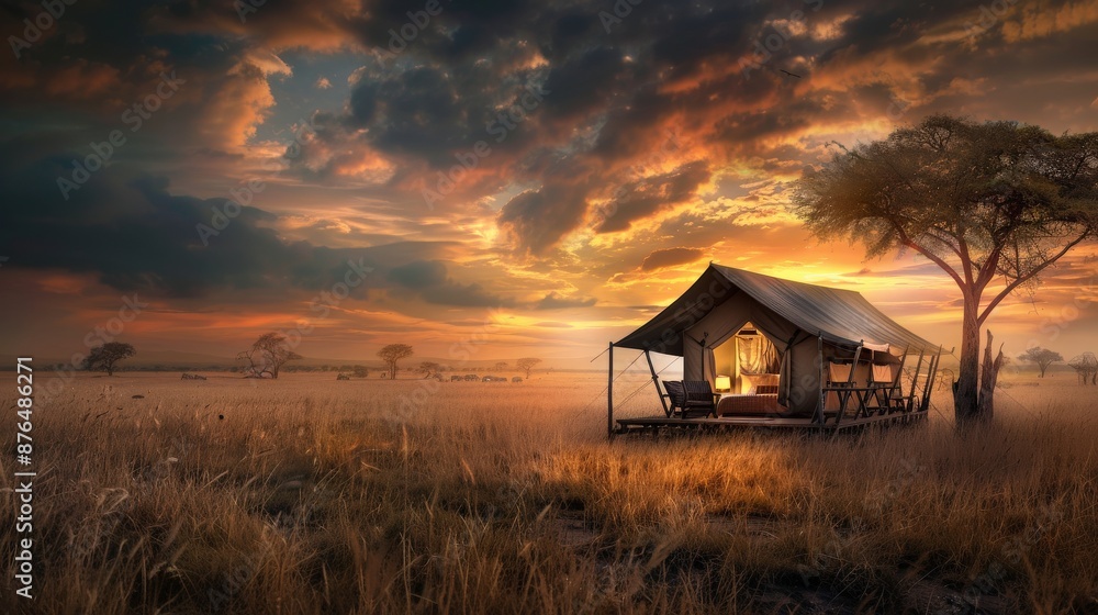 Poster a small hut is in the middle of a field with a large tree behind it. the sky is cloudy and the sun i