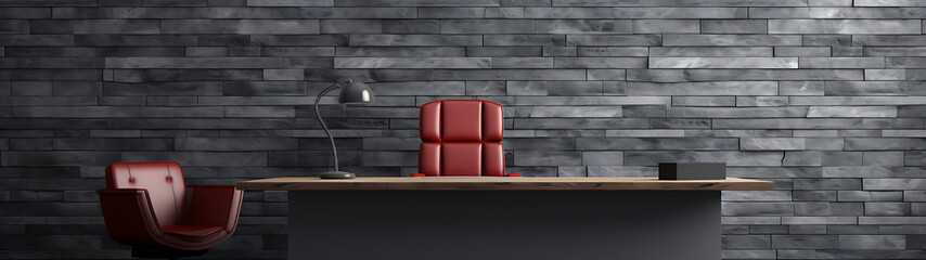 Minimalist CEO office interior with red leather chair and desk lamp