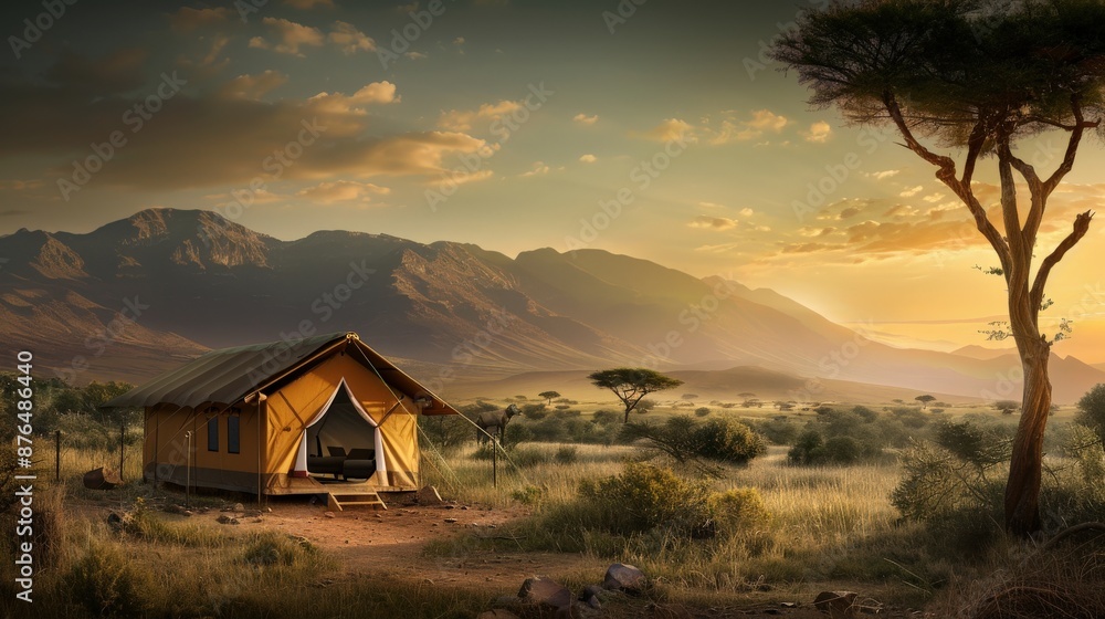 Poster a small hut is in the middle of a field with a large tree behind it. the sky is cloudy and the sun i