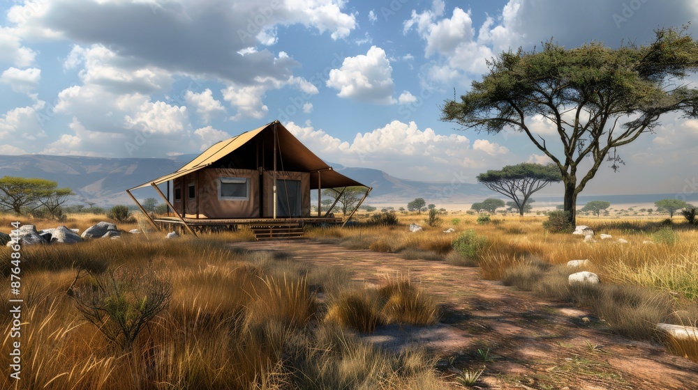 Poster a small hut is in the middle of a field with a large tree behind it. the sky is cloudy and the sun i