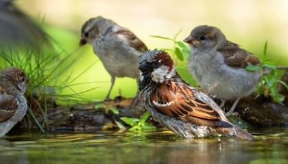 House sparrow, male with young at the water of the bird watering hole. Czechia.
