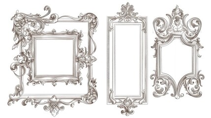 Set of four elegant vintage frames with corner decorations exclusive rectangle vignettes hand drawn design elements for various uses
