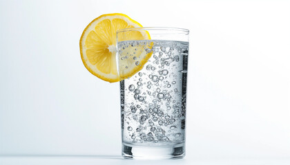 Glass of sparkling water with lemon slice on white background refreshing drink perfect for hydration