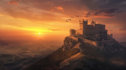 Obraz premium A castle is on top of a hill with a river in the background. The sky is cloudy and the sun is setting