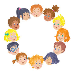 Composition of funny children's faces in a circle. Kids of different nationalities. Round frame. Isolated on white background. Place for your text. Vector flat illustration.