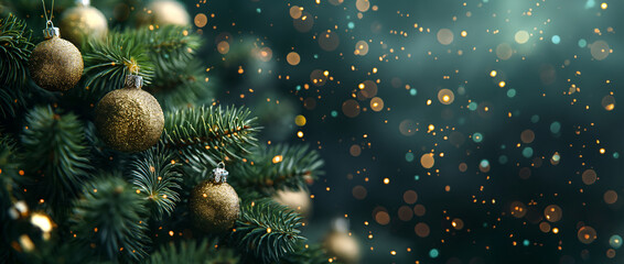 Fototapeta premium Christmas tree branches with golden lights and decorations. Christmas and New Year festive concept. Template for greeting card, invitation, banner with copy space.